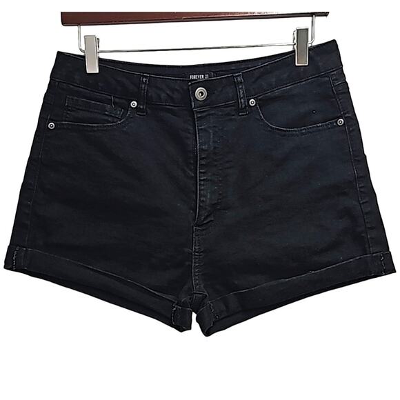 Forever 21 Womens Solid Black Short Shorts Cuffed Hemline 5 Pockets Size 29 - Picture 1 of 8